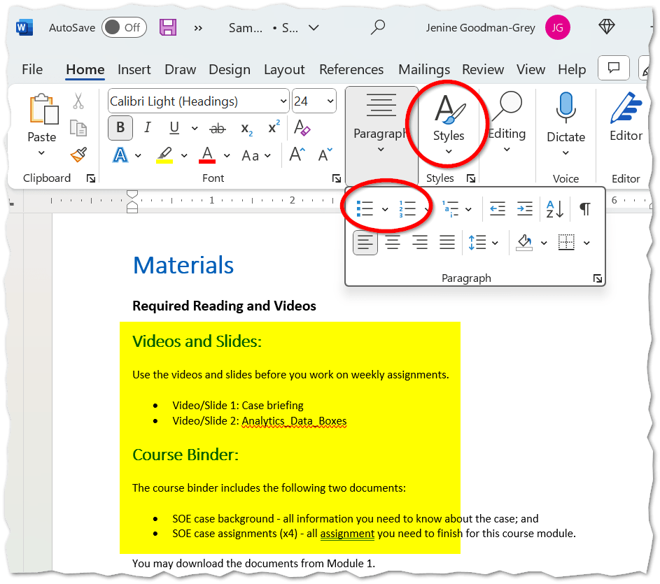Microsoft Word Screenshot showing how to format bullets and heading styles.