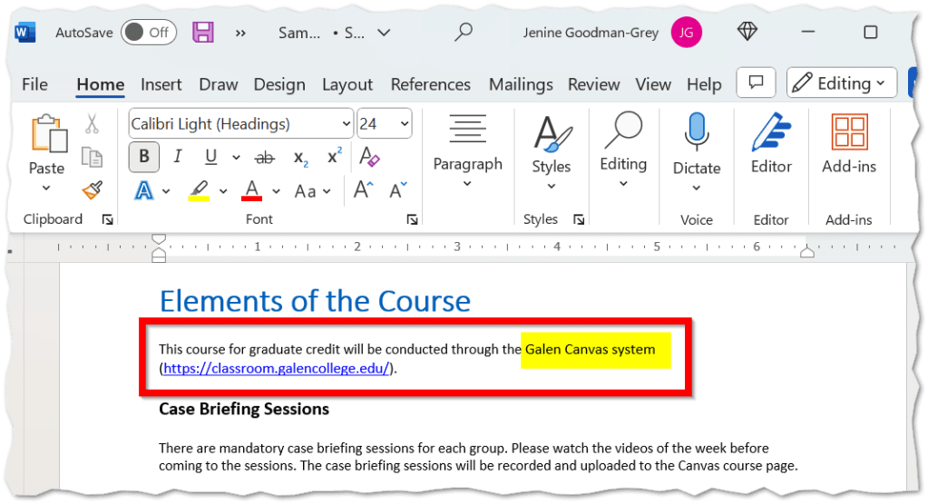 Microsoft Word Screenshot showing an example of a URL with matching descriptive text.