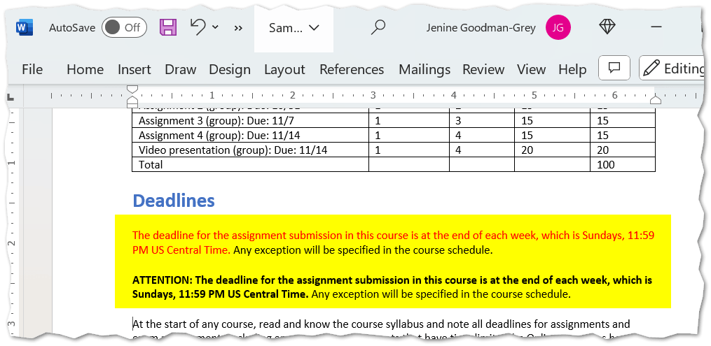 Microsoft Word Screenshot showing an example of how to call attention without color.